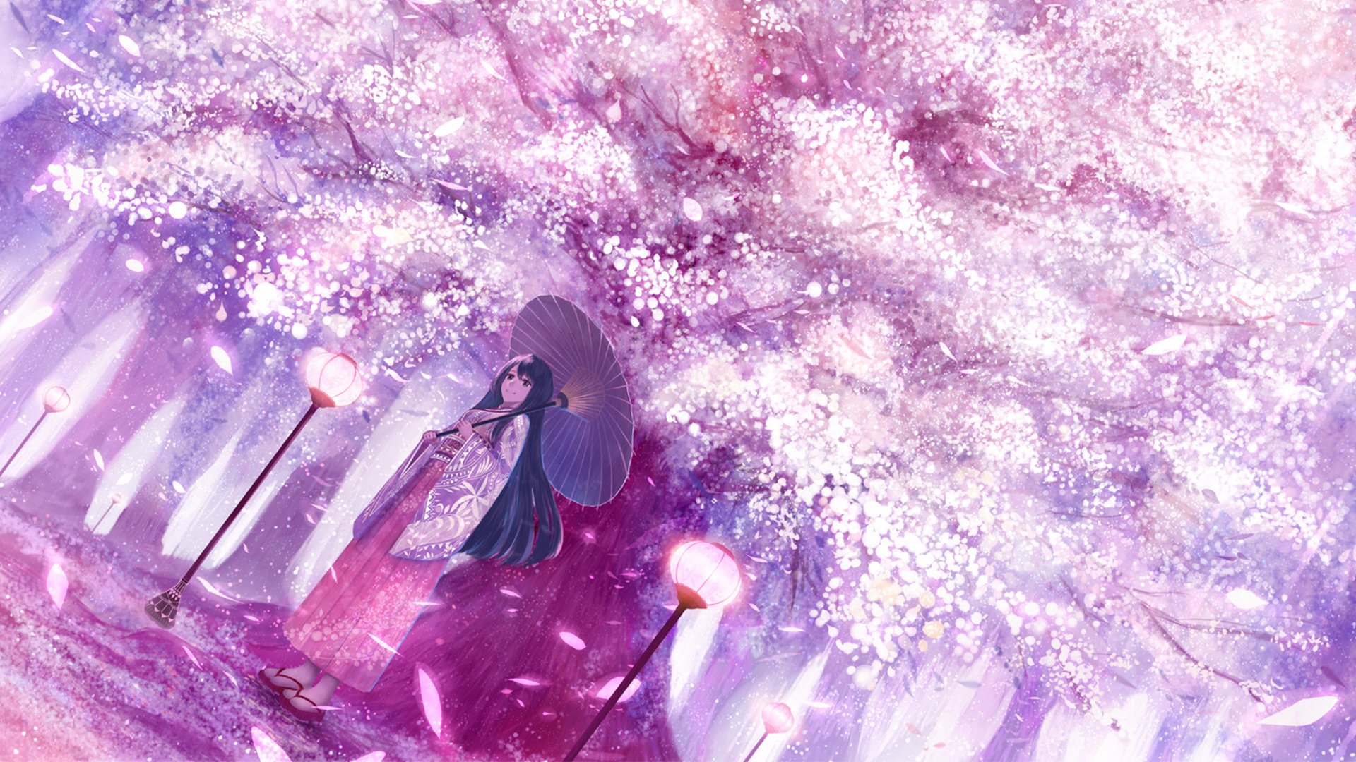 Anime girl in a kimono holding a parasol stands beneath vibrant pink cherry blossoms, captured in a stunning HD PC desktop wallpaper.