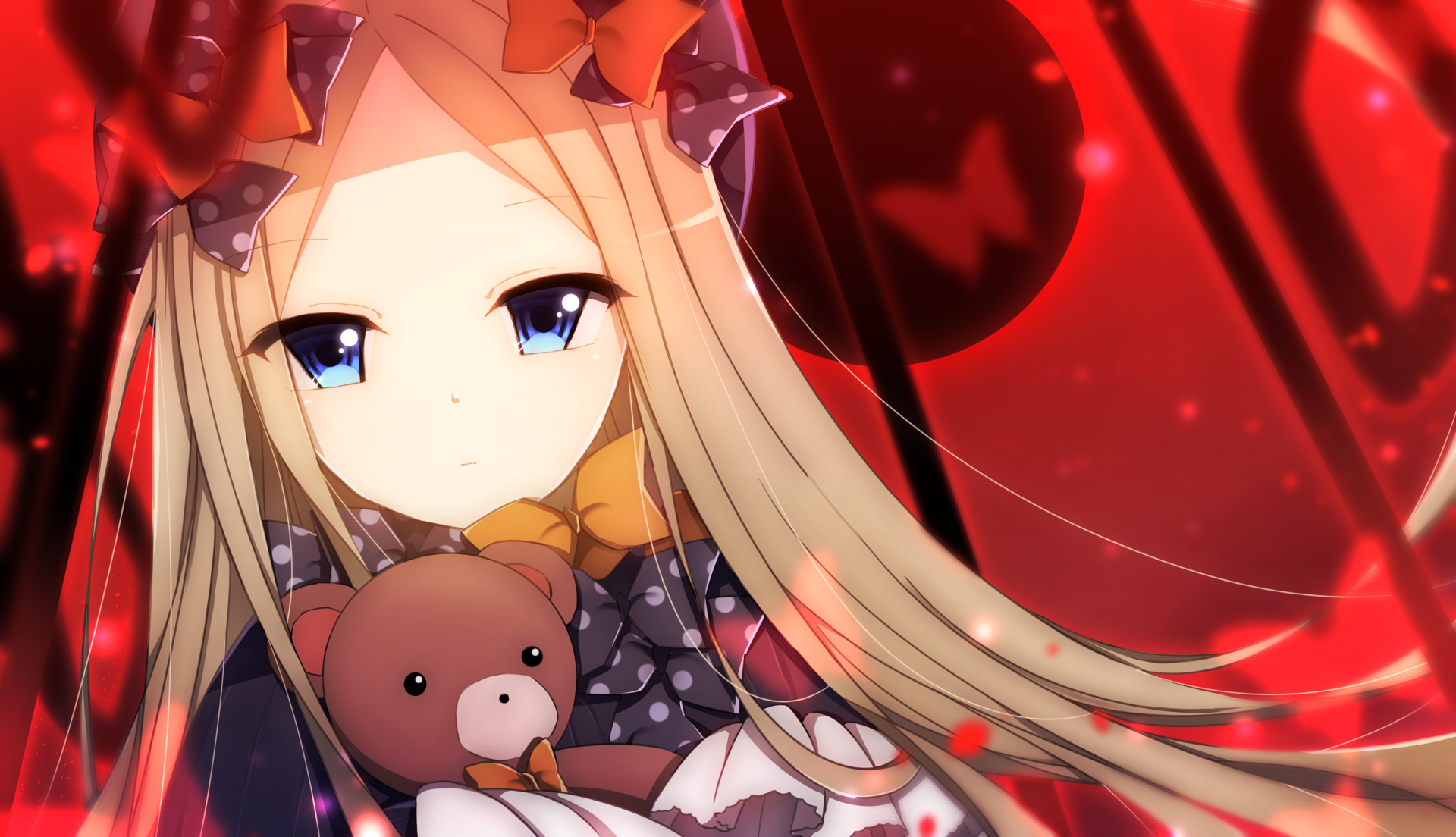 HD PC desktop wallpaper featuring Abigail Williams from Fate/Grand Order in detailed anime style with vibrant red and black tones.