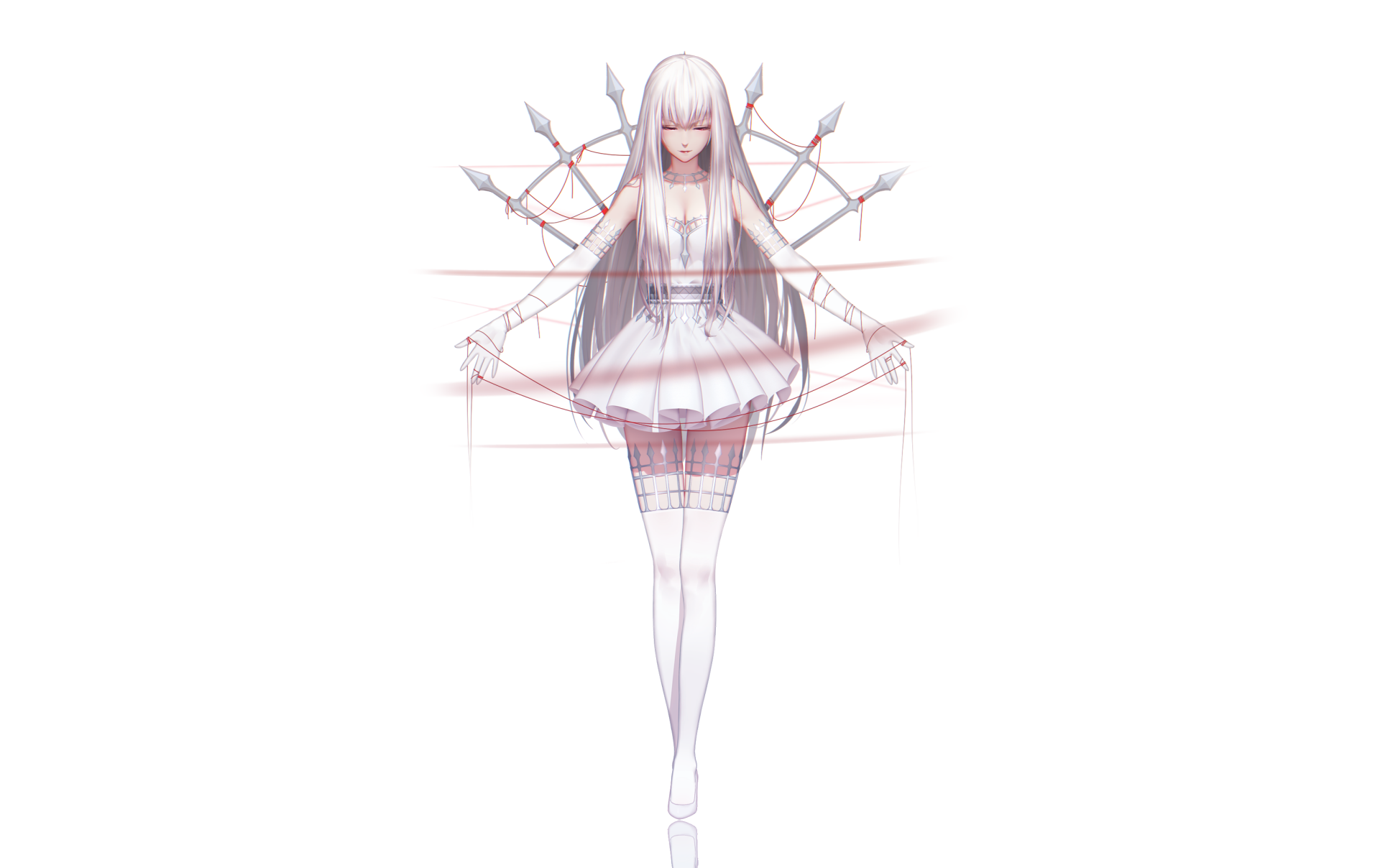 Anime Pixiv Fantasia T 2K Quad HD PC desktop wallpaper: ethereal pale-haired girl in white dress floating within pale pink geometric lines on a minimal white background.