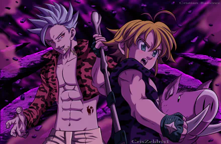 4K Ultra HD anime wallpaper featuring Meliodas and Ban from The Seven Deadly Sins with bold purple and black wild-themed background.
