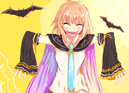 Original anime Halloween vampire grinning with outstretched arms, purple-lined cape, bats and spiderwebs on a bright yellow HD PC desktop wallpaper background