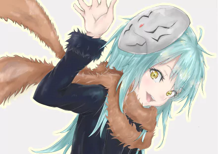 HD desktop wallpaper of Rimuru Tempest from the anime That Time I Got Reincarnated as a Slime, featuring Rimuru with turquoise hair, wearing a fox-like scarf and a half-mask, set against a white background.