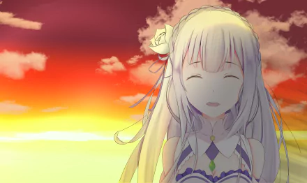 Emilia from Re:Zero - Starting Life in Another World smiles gently against a vibrant sunset, captured in a 4K Ultra HD anime desktop wallpaper.