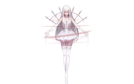 Anime Pixiv Fantasia T 2K Quad HD PC desktop wallpaper: ethereal pale-haired girl in white dress floating within pale pink geometric lines on a minimal white background.