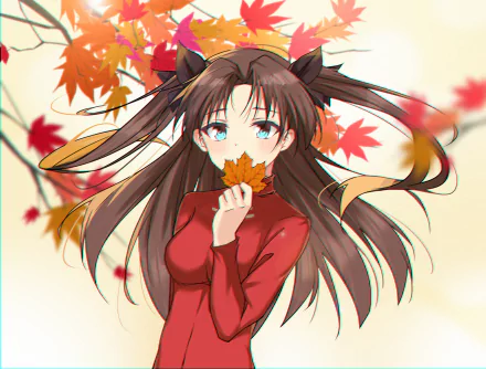 Rin Tohsaka from Fate/Stay Night anime, holding a maple leaf with autumn leaves in the background, rendered in vibrant 4K Ultra HD for PC desktop wallpaper.