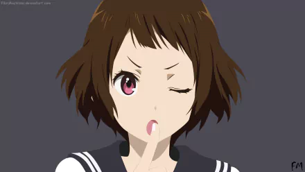 HD anime desktop wallpaper of Mayaka Ibara from Hyouka — close-up of her winking with finger to lips, brown hair and pink eye, wearing a sailor school uniform against a gray background.