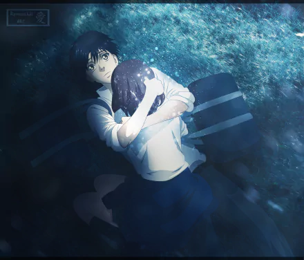 HD anime wallpaper featuring Kou Mabuchi and Futaba Yoshioka from Ao Haru Ride, embracing underwater in their school uniforms with a blue, glowing background.