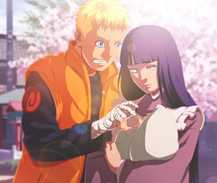 HD anime desktop wallpaper featuring Naruto Uzumaki and Hinata Hyuga from Naruto, with Boruto Uzumaki in the background under cherry blossoms.