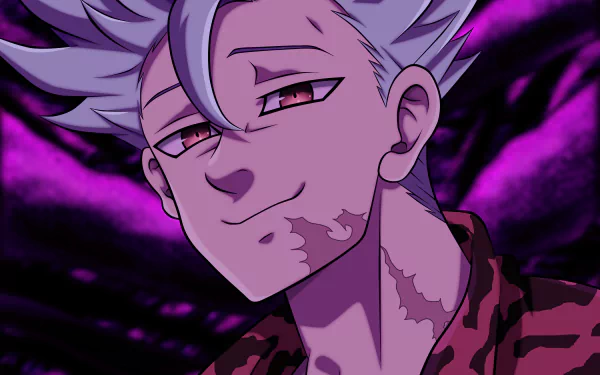 4K Ultra HD anime wallpaper featuring Ban from The Seven Deadly Sins, showcasing his confident smirk against a dark, purple-hued background.