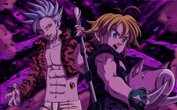 4K Ultra HD anime wallpaper featuring Meliodas and Ban from The Seven Deadly Sins with bold purple and black wild-themed background.