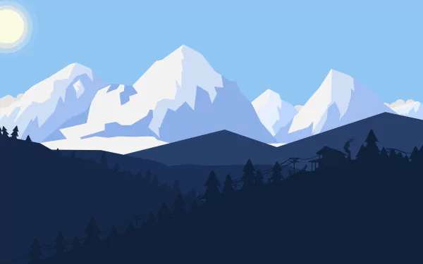 Minimalist artistic depiction of snowy mountains under a bright sky, rendered in sharp 8K Ultra HD for a PC desktop wallpaper background.