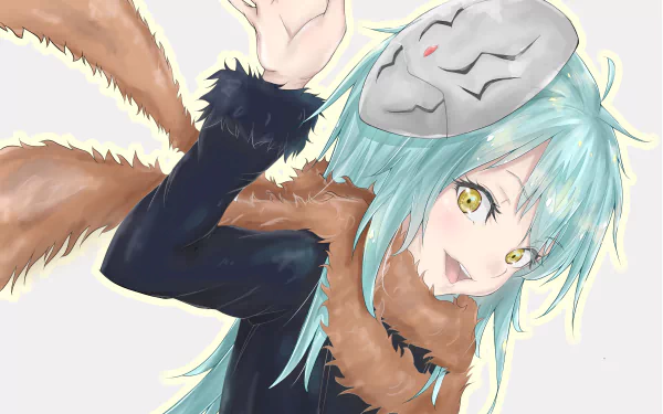 HD desktop wallpaper of Rimuru Tempest from the anime That Time I Got Reincarnated as a Slime, featuring Rimuru with turquoise hair, wearing a fox-like scarf and a half-mask, set against a white background.