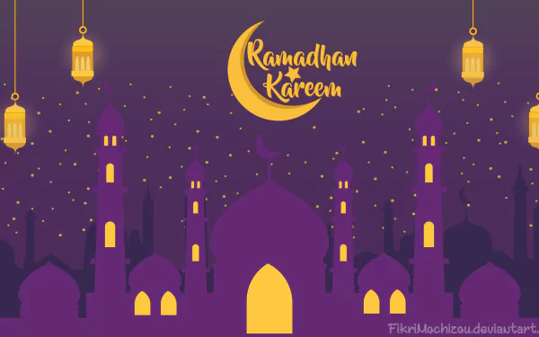HD PC desktop wallpaper and background of a purple mosque silhouette under a crescent moon reading 'Ramadhan Kareem', glowing windows, hanging lanterns and stars — a Ramadan religious Islamic scene.