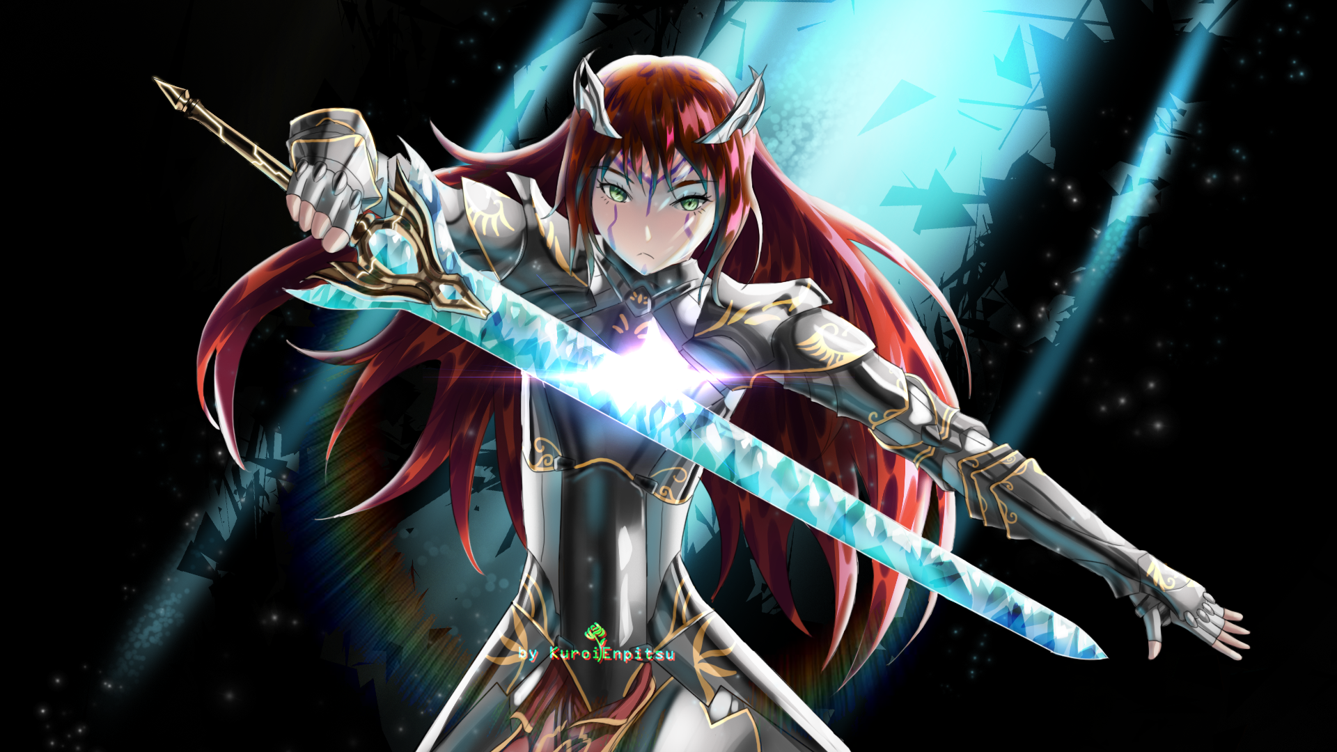 Anime-style woman warrior with red hair and green eyes, clad in armor, wielding a glowing sword against a dark, dynamic background. HD desktop wallpaper.