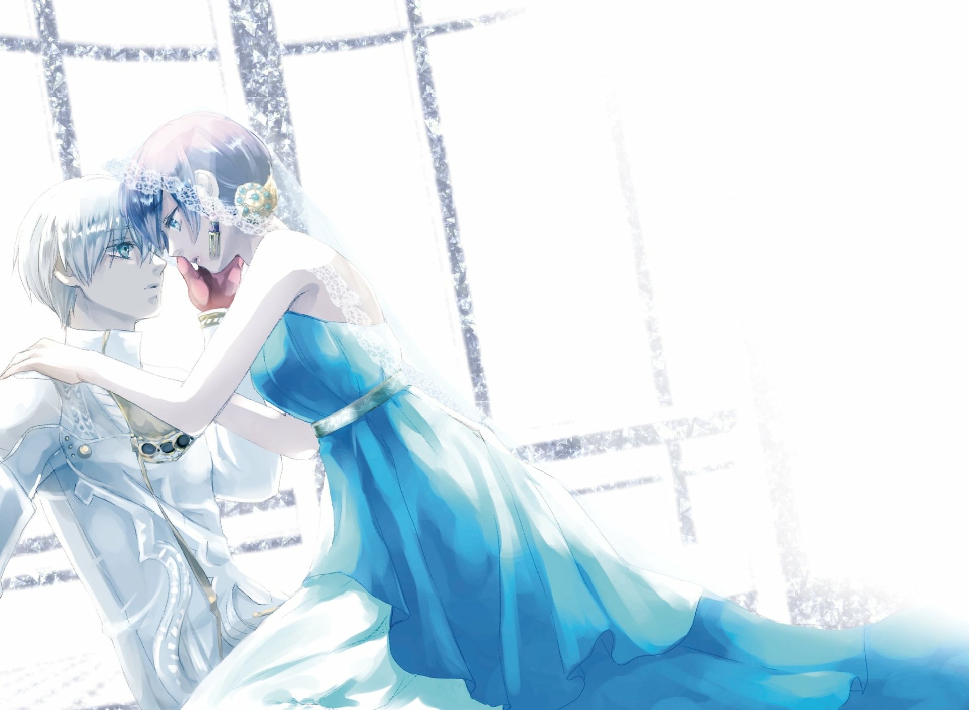 Anime couple Ken Kaneki and Touka Kirishima from Tokyo Ghoul:re share a tender kiss; she wears a blue dress and earrings, both with white hair and striking blue eyes in this HD desktop wallpaper.