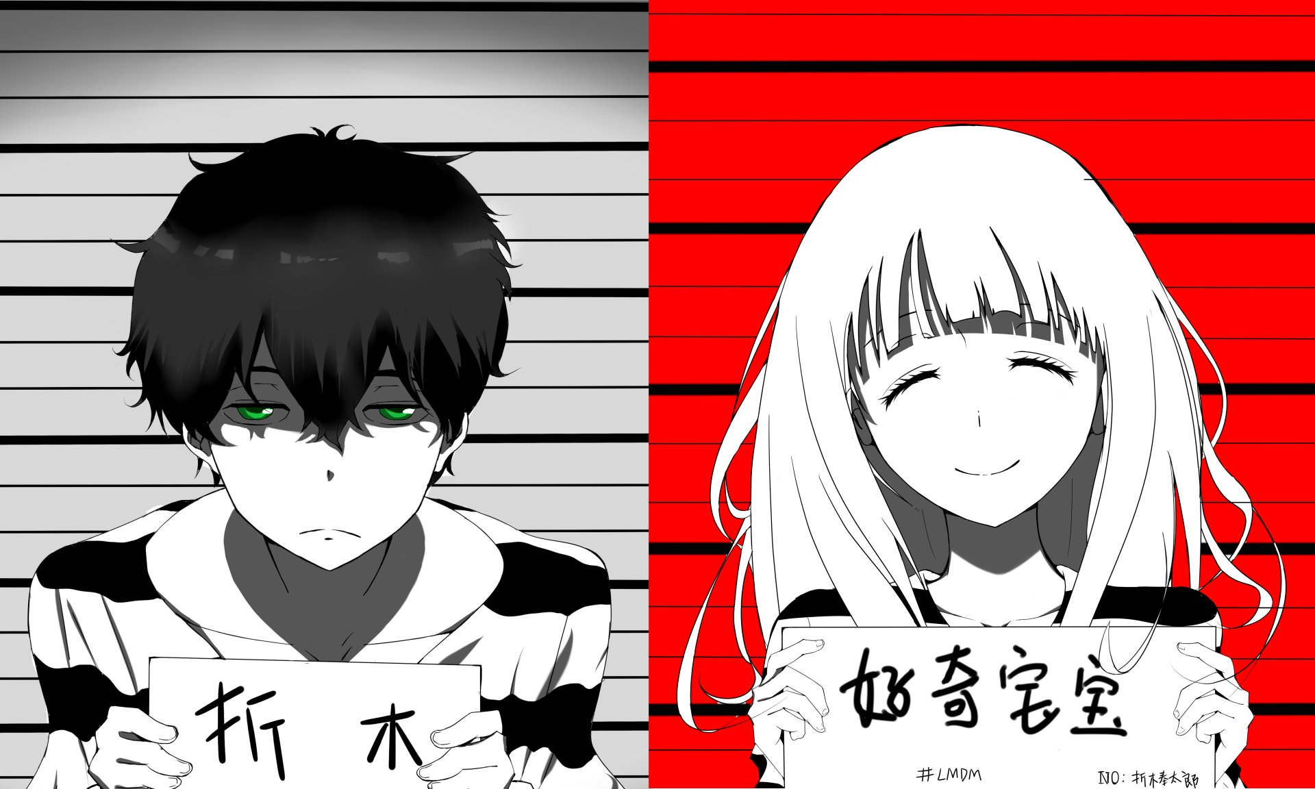 4K Ultra HD anime wallpaper featuring Eru Chitanda and Hōtarō Oreki from the series Hyouka, with contrasting black-and-white and red backgrounds.