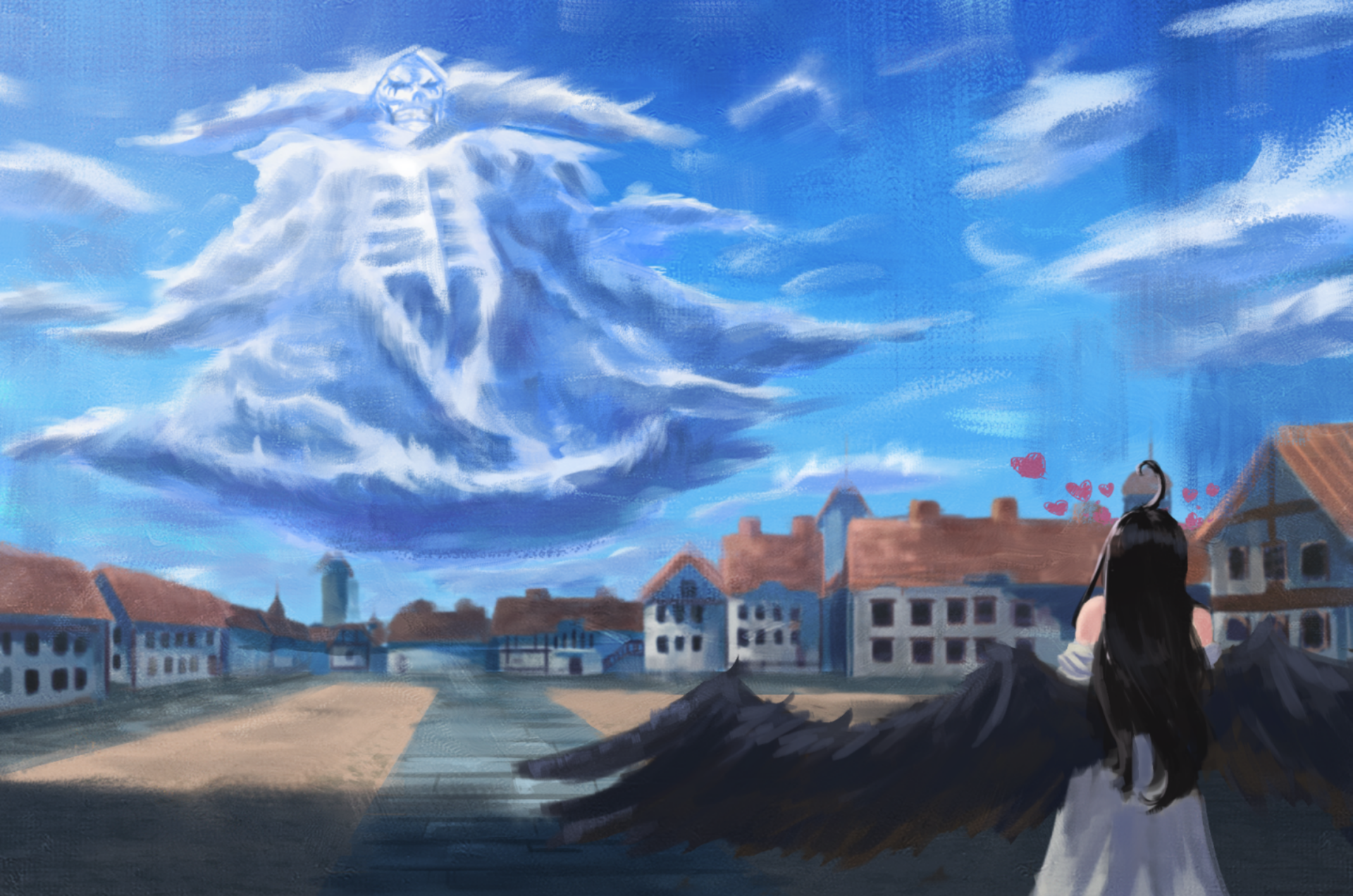 HD anime wallpaper featuring Albedo and Ainz Ooal Gown from Overlord, with a skeletal figure formed by clouds over a medieval town.