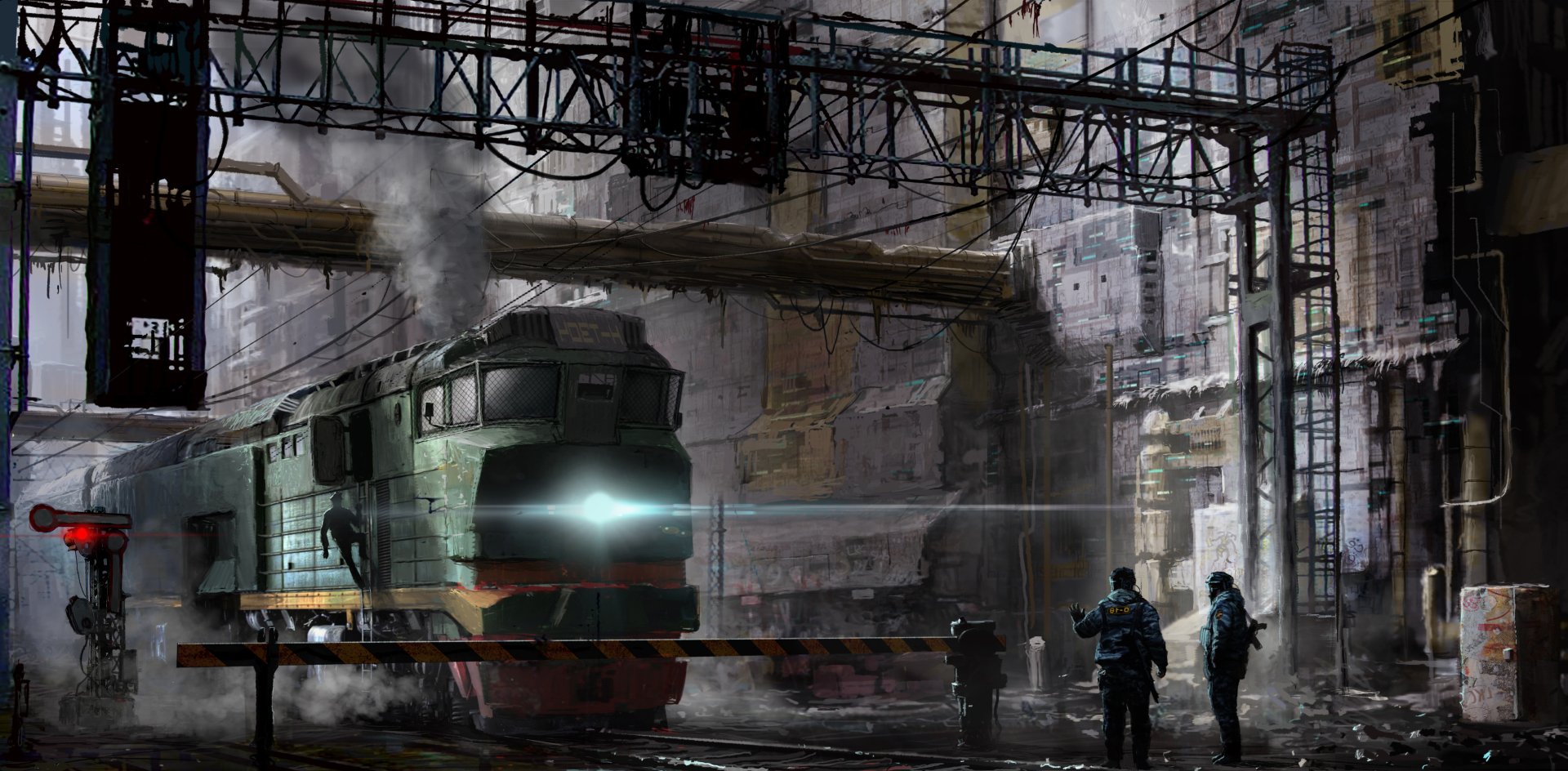 A sci-fi-themed HD desktop wallpaper featuring a futuristic train in an industrial setting, with three figures and a misty, atmospheric background.