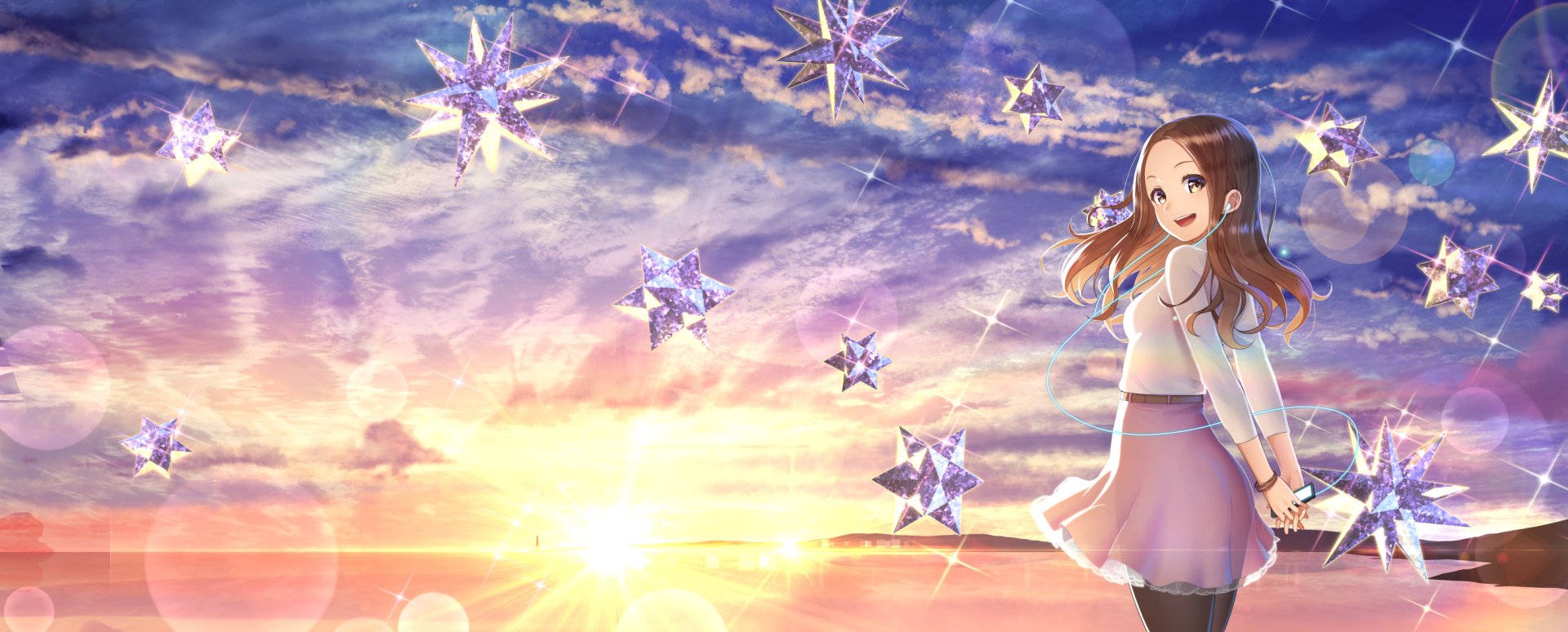 Download Earbuds Brown Eyes Sunset Brown Hair Anime Original Anime Sunset HD Wallpaper by ninnzinn