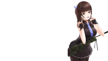 Anime original HD PC desktop wallpaper: brown-haired girl in black outfit with blue tie holding a large rifle, positioned to the right on a white background.
