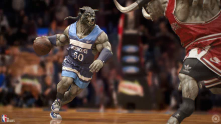 HD PC desktop wallpaper of an anthropomorphic Minnesota Timberwolves NBA player (#50) dribbling a basketball in a high-energy sports action scene on the court.