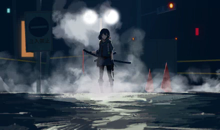 HD desktop wallpaper: A shadowy anime-style assassin stands in a foggy, dimly lit urban setting, gripping a sword. The scene has a mysterious, atmospheric feel with steam rising and traffic lights glowing.
