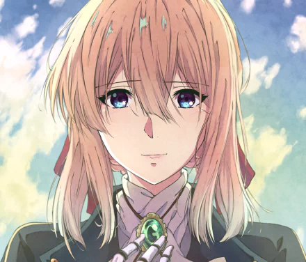 HD PC desktop wallpaper featuring Violet Evergarden, the anime character with flowing hair and expressive purple eyes against a soft sky background.