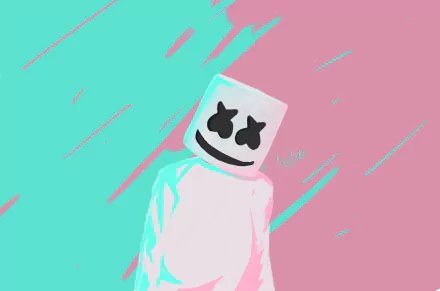 HD desktop wallpaper featuring an artistic rendition of DJ Marshmello against a vibrant pink and teal background.