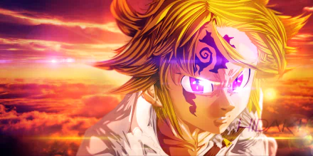 HD desktop wallpaper featuring Meliodas from the anime The Seven Deadly Sins, set against a vibrant sunset background, showcasing his intense expression and glowing purple eyes.