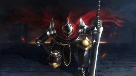 HD desktop wallpaper featuring Ainz Ooal Gown and Momon from the anime Overlord. Momon kneels in dark armor with a red cape, holding a sword, set against a dramatic background.