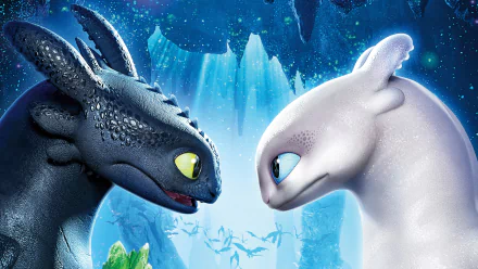 HD desktop wallpaper featuring Toothless and a White Night Fury from How to Train Your Dragon: The Hidden World facing each other with a serene, mystical background.