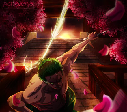 HD anime desktop wallpaper featuring Roronoa Zoro from One Piece, poised in a dynamic sword strike amidst vibrant red foliage and a dramatic temple backdrop.