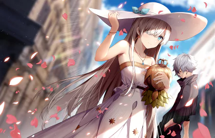 HD desktop wallpaper featuring the anime characters Kadoc Zemlupus and Anastasia from Fate/Grand Order. Anastasia is in the foreground with a hat and flowers, while Kadoc is in the background.