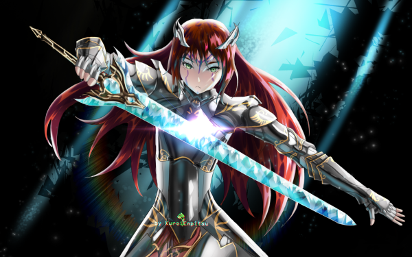 Anime Original Sword Red Hair Armor Woman Warrior Green Eyes HD Wallpaper | Background Image