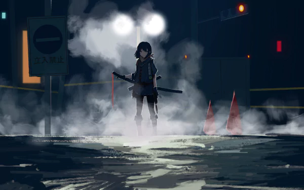 HD desktop wallpaper: A shadowy anime-style assassin stands in a foggy, dimly lit urban setting, gripping a sword. The scene has a mysterious, atmospheric feel with steam rising and traffic lights glowing.