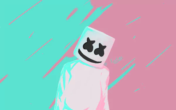 HD desktop wallpaper featuring an artistic rendition of DJ Marshmello against a vibrant pink and teal background.