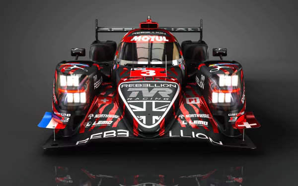 Front view of Rebellion R13 endurance racing vehicle with red-black livery and illuminated headlights, bold number 3 on nose — rendered as a 4K Ultra HD PC desktop wallpaper/background.