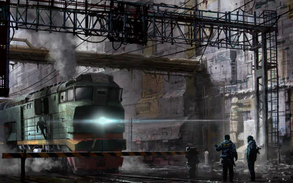 A sci-fi-themed HD desktop wallpaper featuring a futuristic train in an industrial setting, with three figures and a misty, atmospheric background.