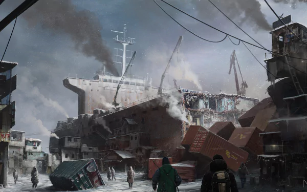 4K Ultra HD PC wallpaper of a post-apocalyptic sci-fi scene featuring a massive wrecked ship amid industrial ruins and scattered debris under a smoky sky.