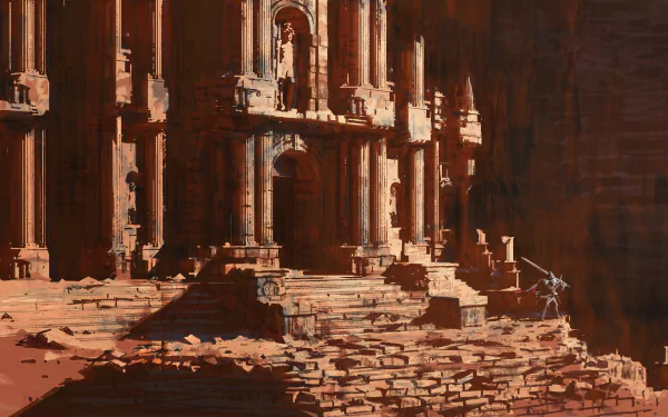 4K Ultra HD PC desktop wallpaper/background: sunlit fantasy ruin carved into red sandstone cliffs, wide steps and arched halls, a lone traveler with a staff climbing the terraced approach.