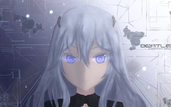 Close-up of Lacia (Beatless), an anime character, with silver hair and glowing violet eyes against a futuristic circuit-patterned HD PC desktop wallpaper background.