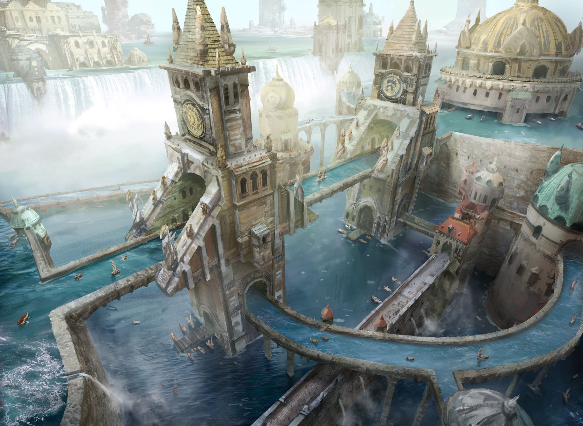 HD PC desktop wallpaper featuring a fantasy city with towering buildings and bridges over water, showcasing intricate architecture in a mystical, foggy atmosphere.