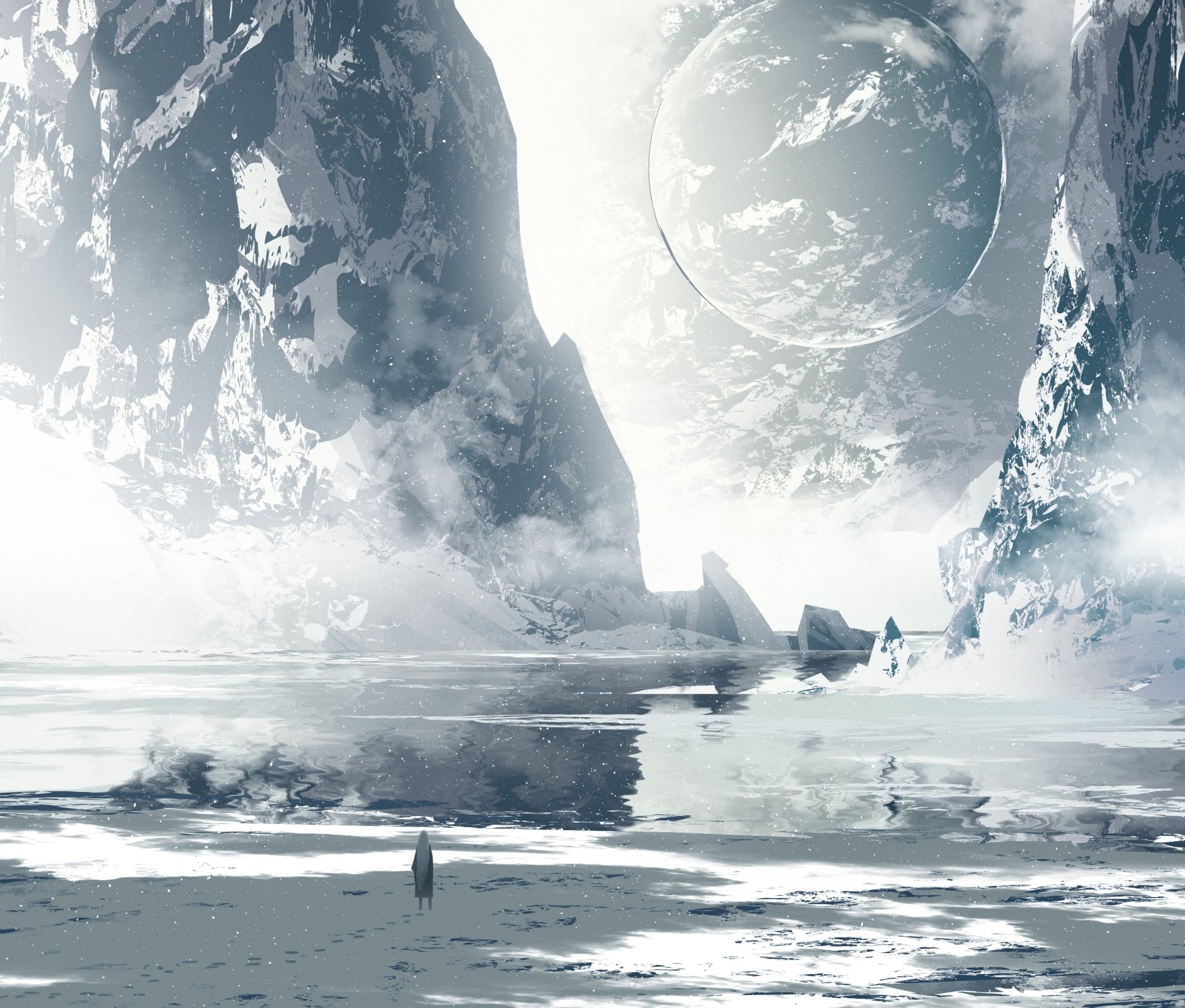 A stunning HD anime wallpaper showcasing an original character with long white hair, set against a breathtaking icy landscape with a giant planet in the sky.