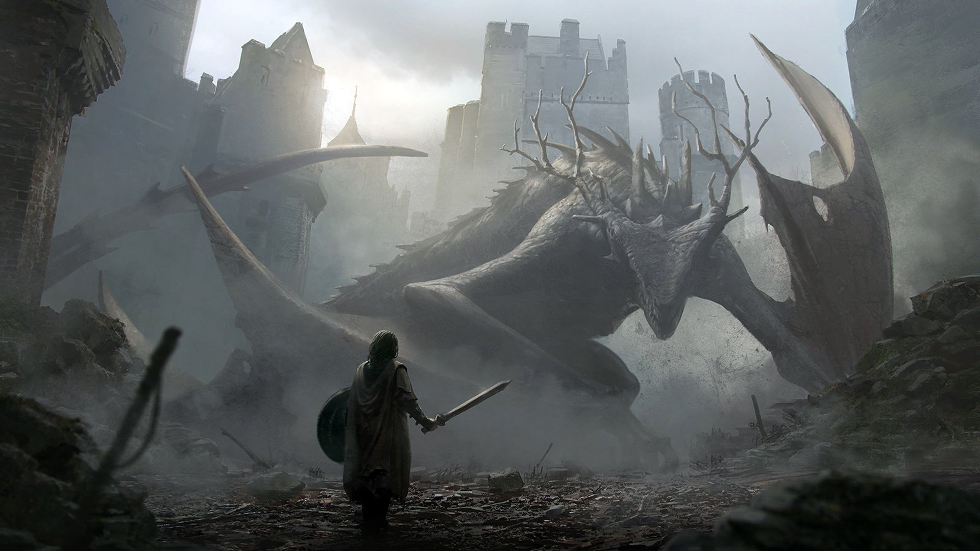 A fantasy warrior faces a massive dragon amidst the ruins of a castle, captured in this HD PC desktop wallpaper and background.