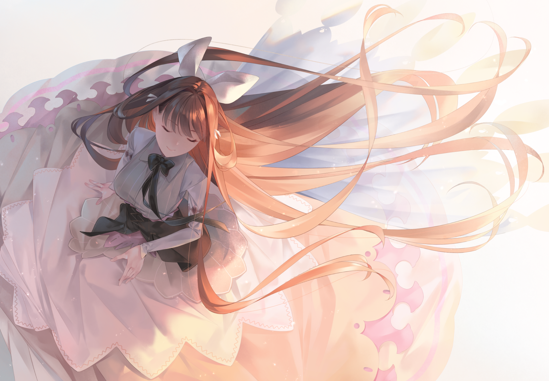 Anime-style original artwork of a girl with long brown hair and a bow, depicted in soft pastel tones, designed as an HD PC desktop wallpaper background.