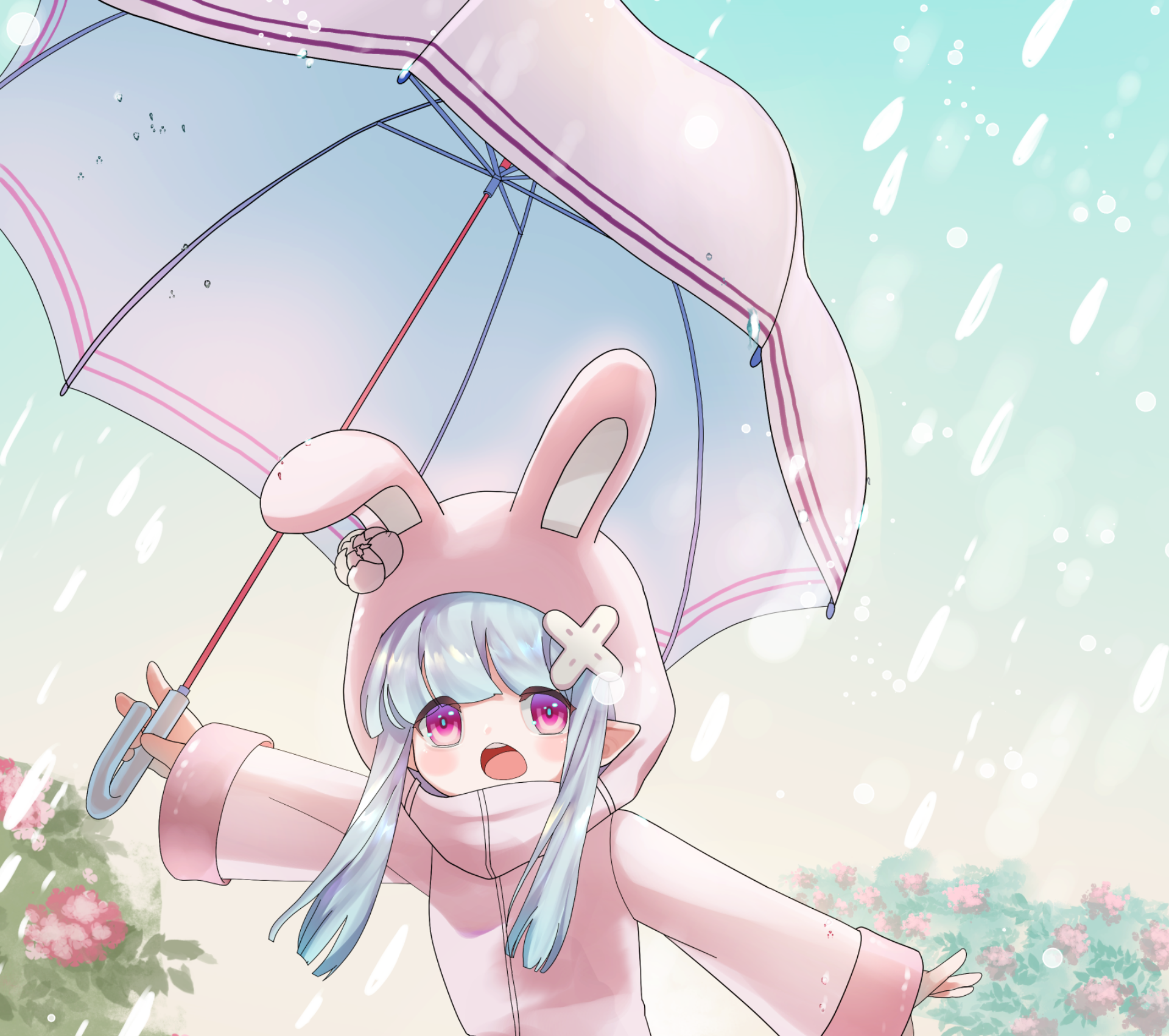 Emilia (Re:ZERO) in a pink bunny hoodie holding a pastel umbrella as raindrops fall — HD anime desktop wallpaper from Re:Zero - Starting Life in Another World