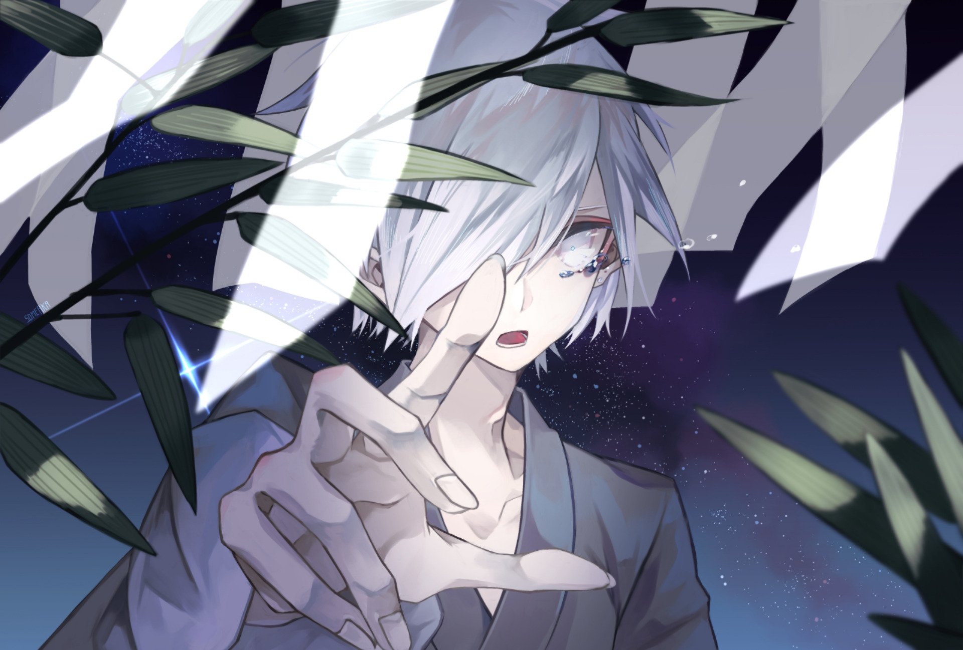 Original Anime HD PC desktop wallpaper/background: white-haired, white-eyed figure in a kimono reaches through bamboo leaves under Tanabata stars.