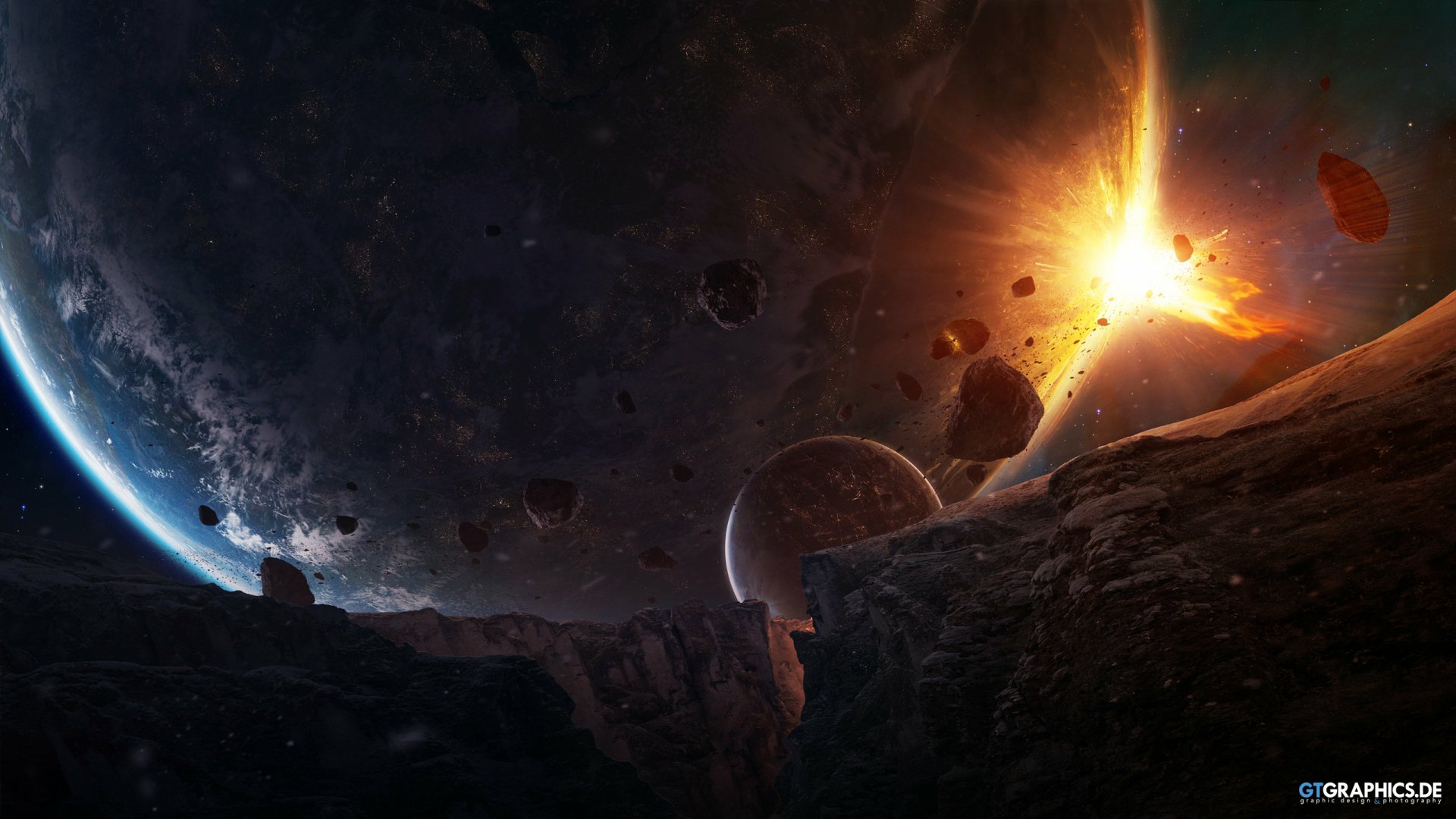 HD sci-fi desktop wallpaper depicting a dramatic cosmic collision with asteroids and planets against a dark space backdrop illuminated by a fiery explosion.