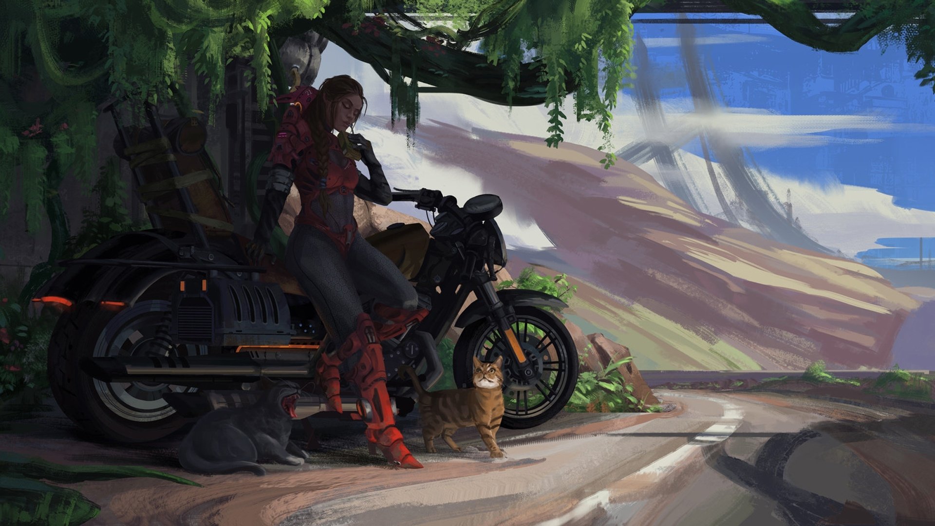 HD PC desktop wallpaper: sci-fi scene of a woman leaning on a motorcycle, a cat at her feet beneath a tree, overlooking a vast alien landscape.