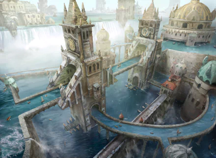 HD PC desktop wallpaper featuring a fantasy city with towering buildings and bridges over water, showcasing intricate architecture in a mystical, foggy atmosphere.